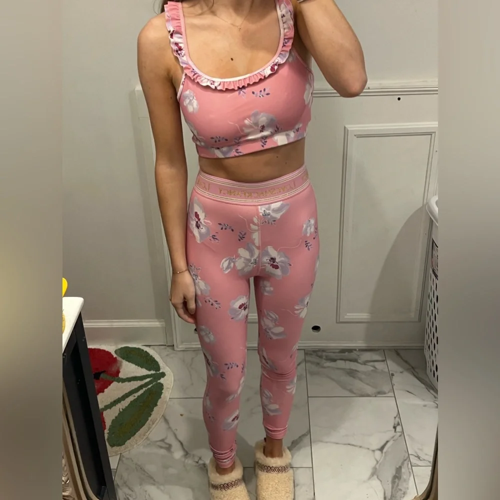 LoveShackFancy Pink Floral Ruffle-Trim Sports Bra & Leggings Set